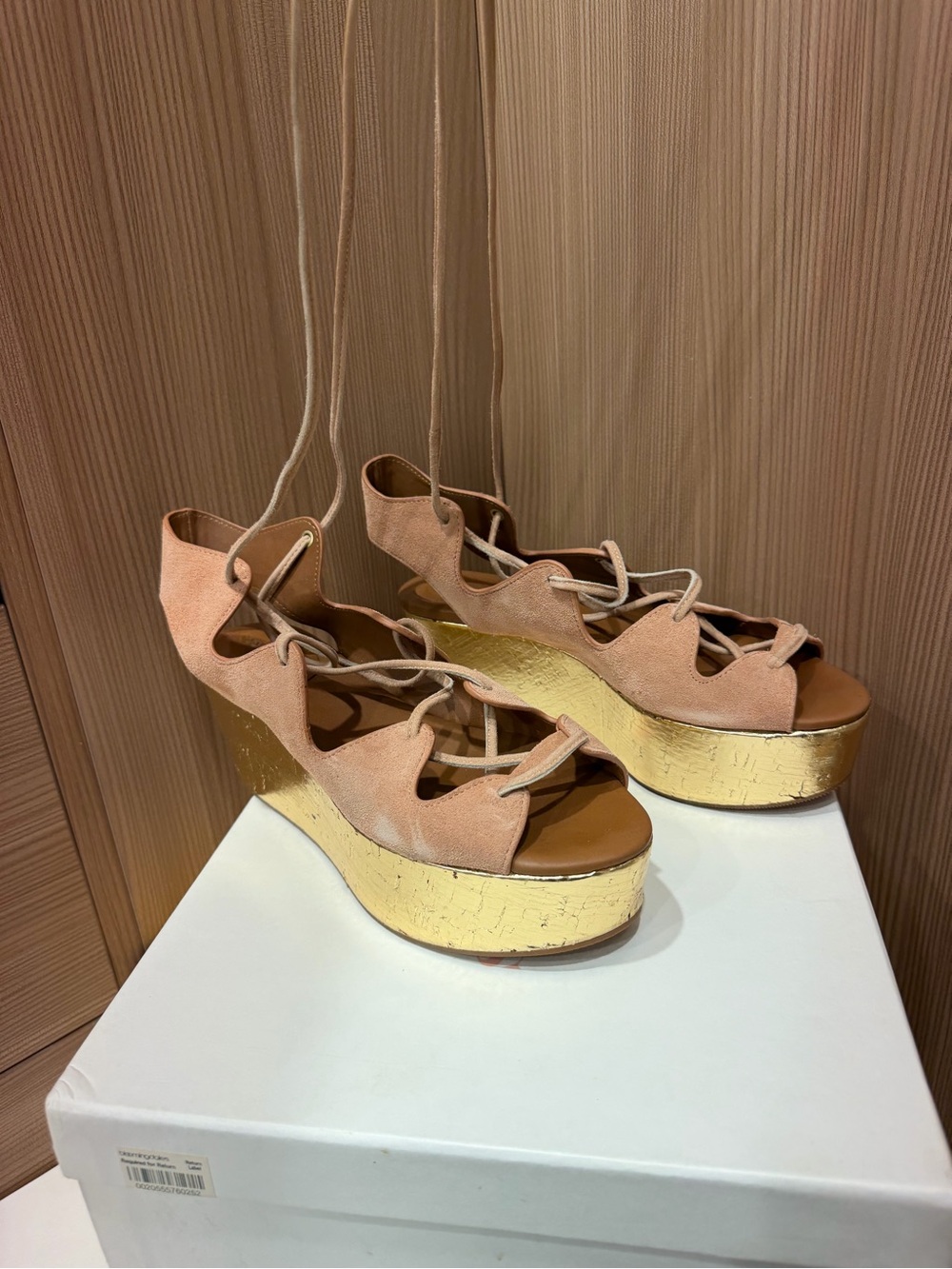 See by Chloé Pink Suede Lace Up Platform Wedge Sandals Gold Wedge Size 38